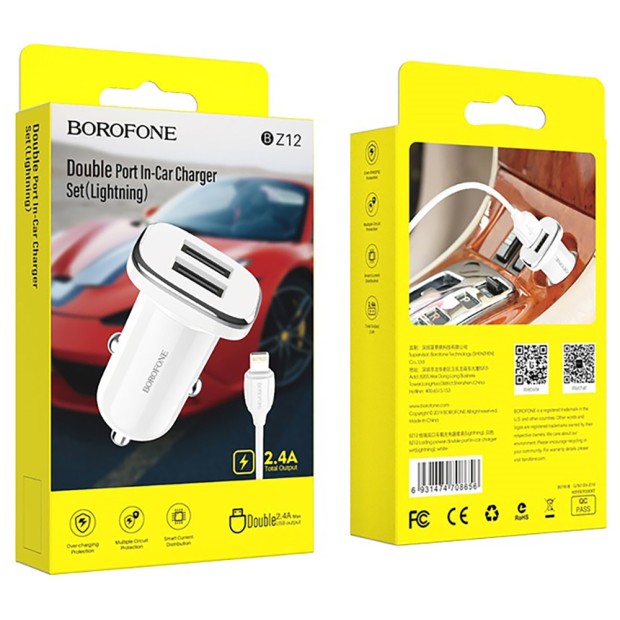 Car adapter Borofone BZ12 + Lightning cable (White)